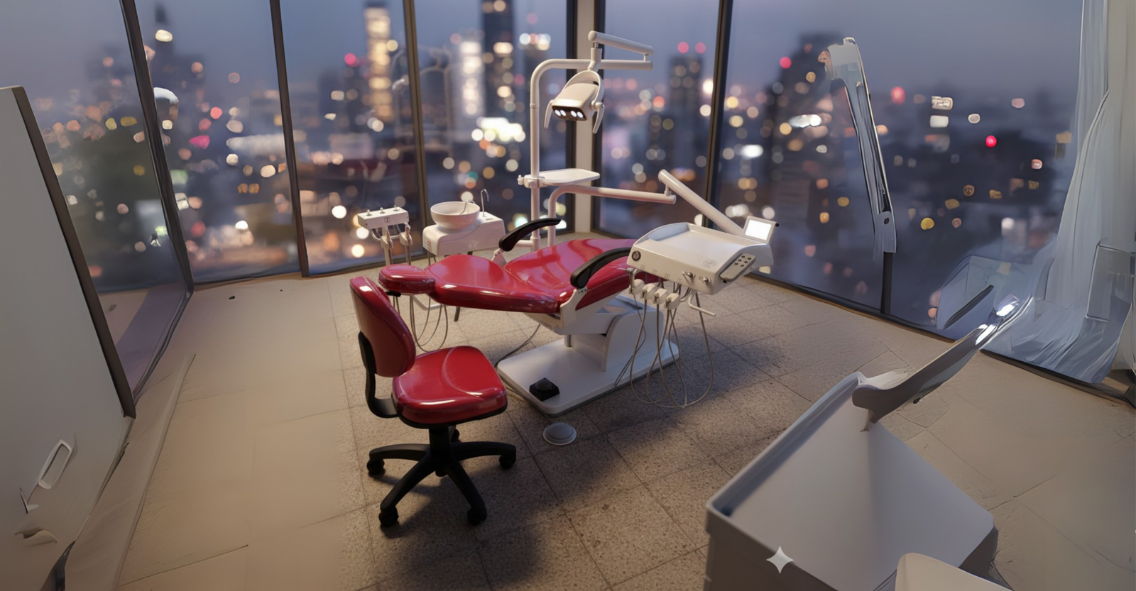 Sillón odontológico Dentalecsa PRO color rojo con vista urbana